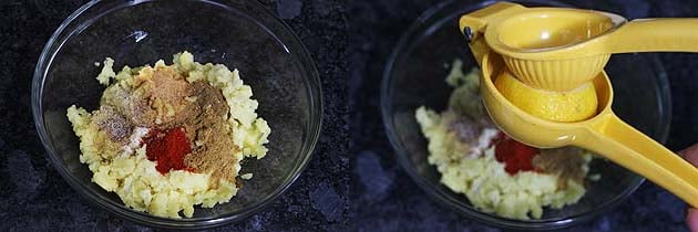 Collage of 2 images showing adding spices and lemon juice to mashed potatoes.