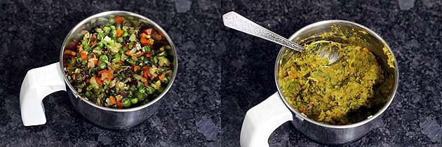 Collage of 2 images showing cooked veggies in the grinder and ground coarsely.