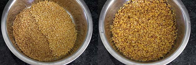 Collage of 2 images showing Dalia and moong dal in a bowl and rinsed.