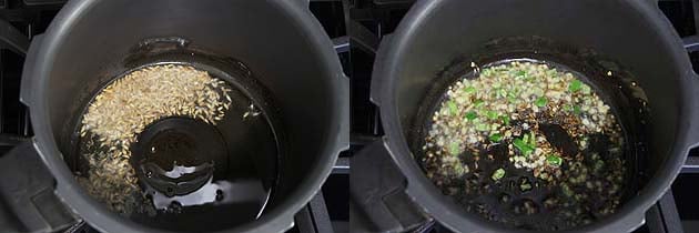 Collage of 2 images showing tempering of spices and ginger, chili, garlic.