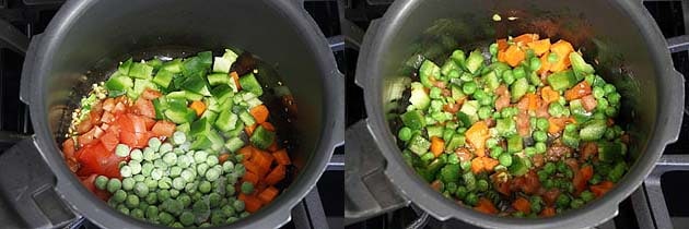 Collage of 2 images showing adding veggies.