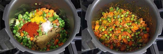 Collage of 2 images showing adding spice powders and mixing.