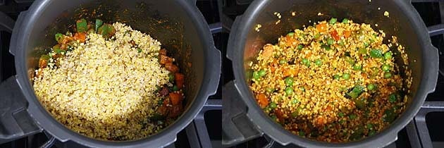 Collage of 2 images showing adding and mixing dalia, dal mixture.
