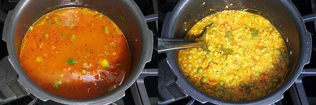 Collage of 2 images showing adding water and cooked dalia khichdi.