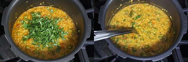 Collage of 2 images showing adding and mixing cilantro.