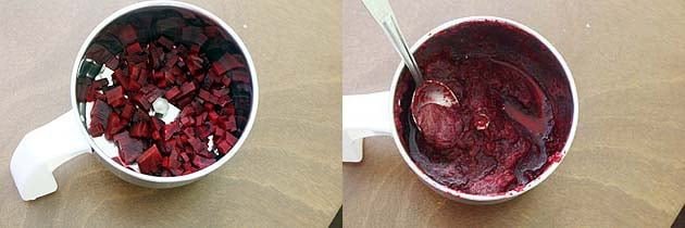 Collage of 2 images showing making a puree of beetroot.