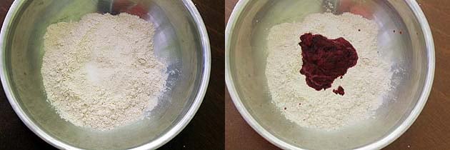 Collage of 2 images showing adding beet puree to flour.