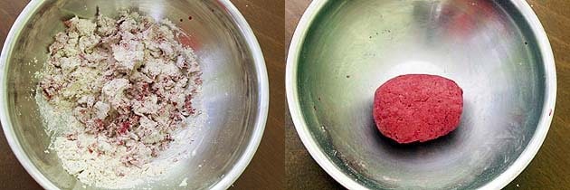 Collage of 2 images showing mixing puree and kneading a dough using water.