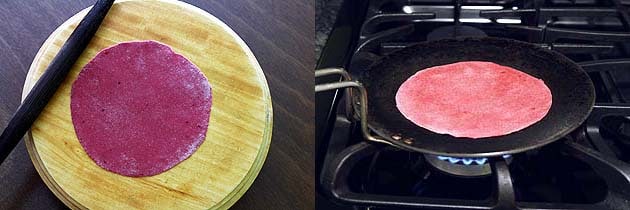 Collage of 2 images showing rolled roti and placing on the tawa.