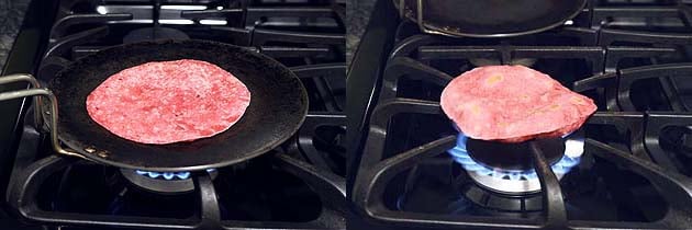 Collage of 2 images showing cooking beetroot roti on the tawa and direct flame.