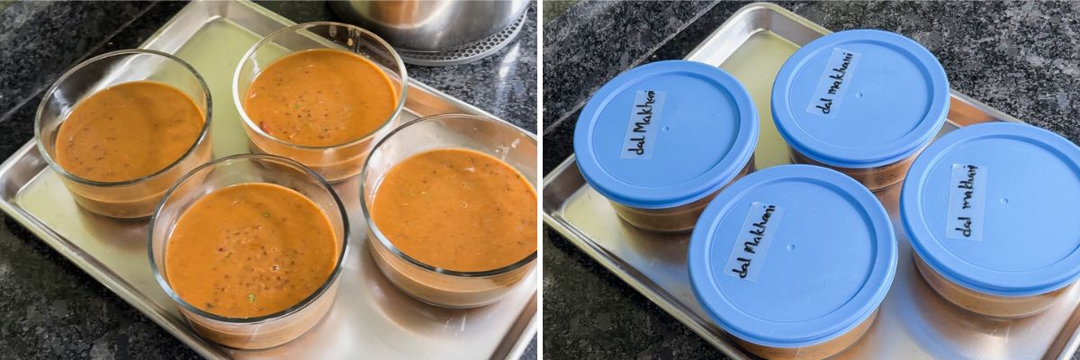 Collage of 2 images showing dal makhani in 4 bowls for freezing.
