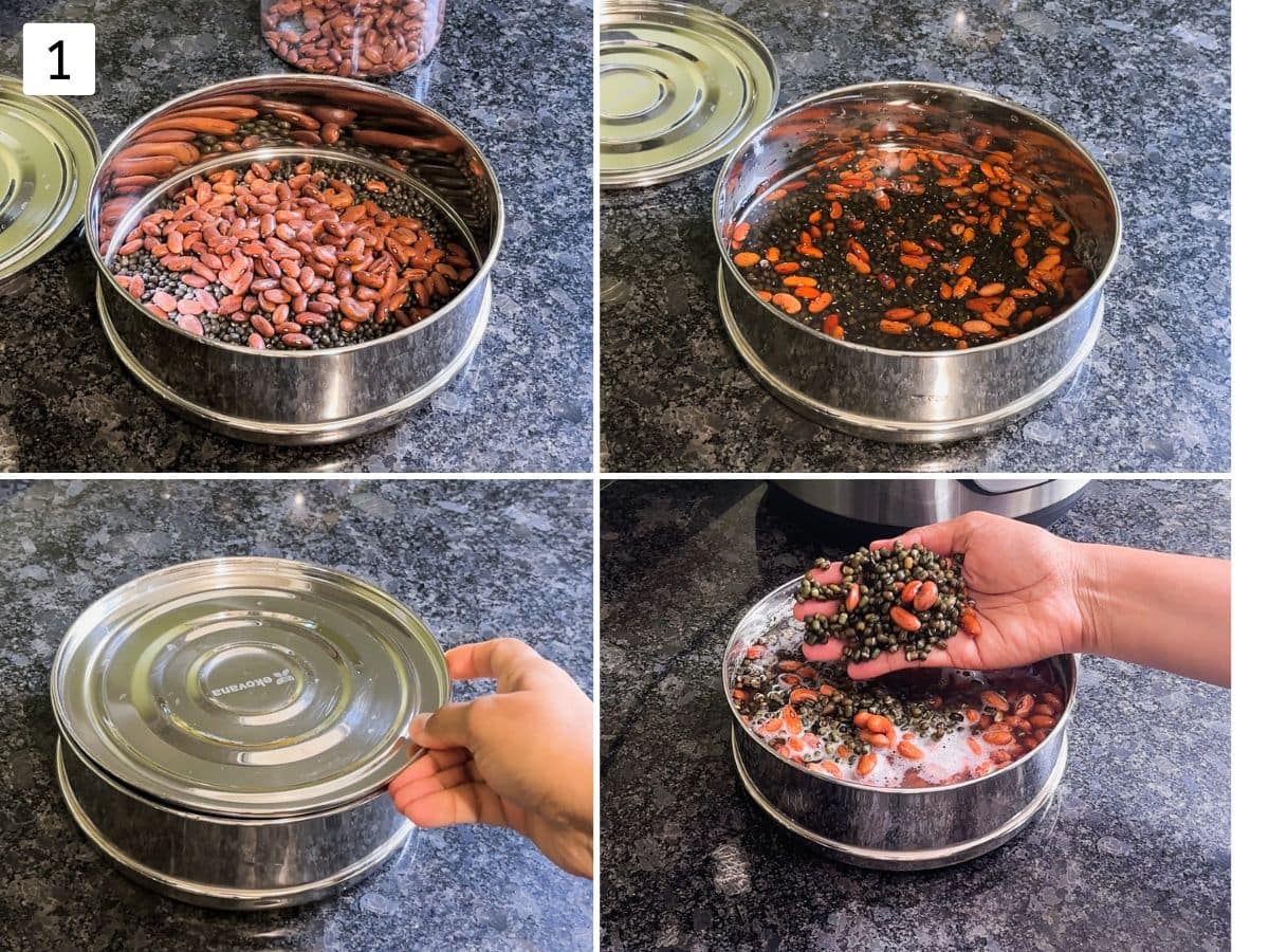 Collage of 4 images showing rinsing and soaking lentils.
