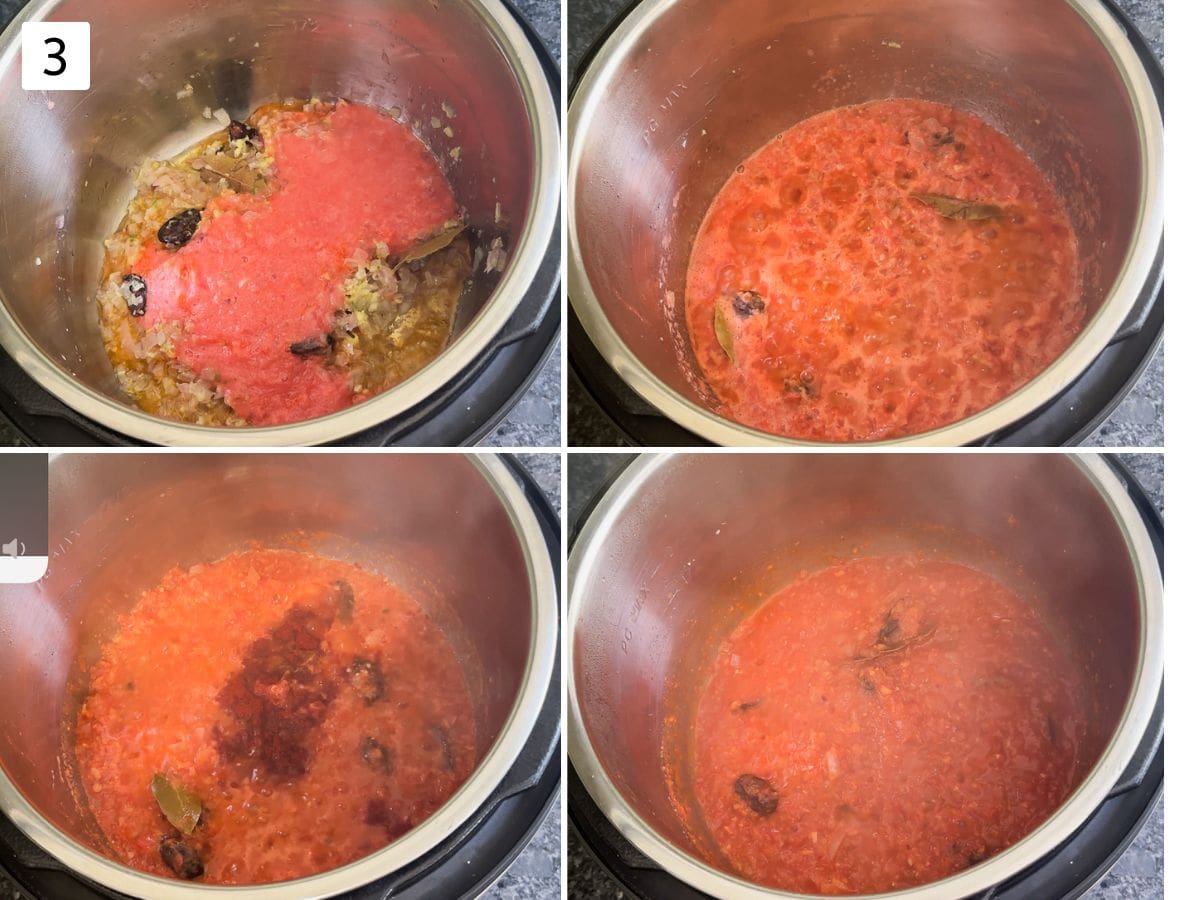 Collage of 4 images showing cooking tomato puree and adding red chili powder.