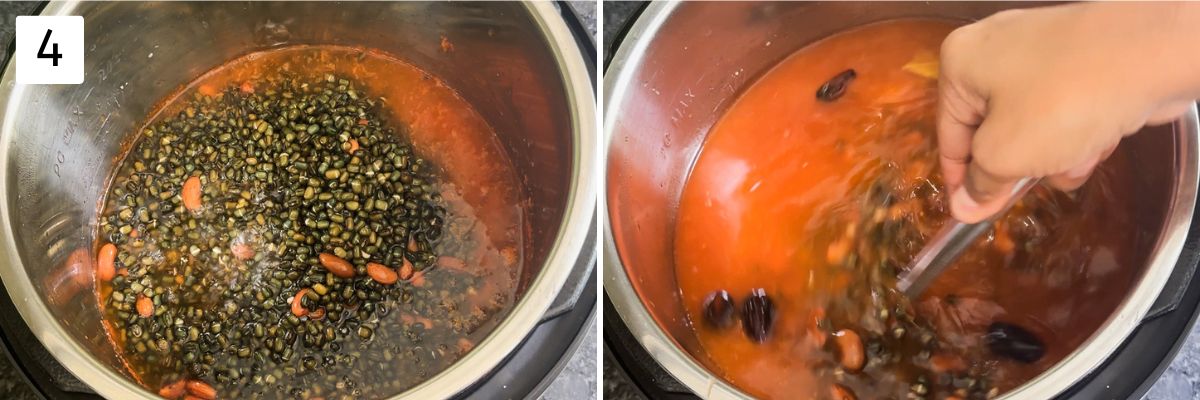 Collage of 2 images showing adding soaked lentils and fresh water to instant pot.
