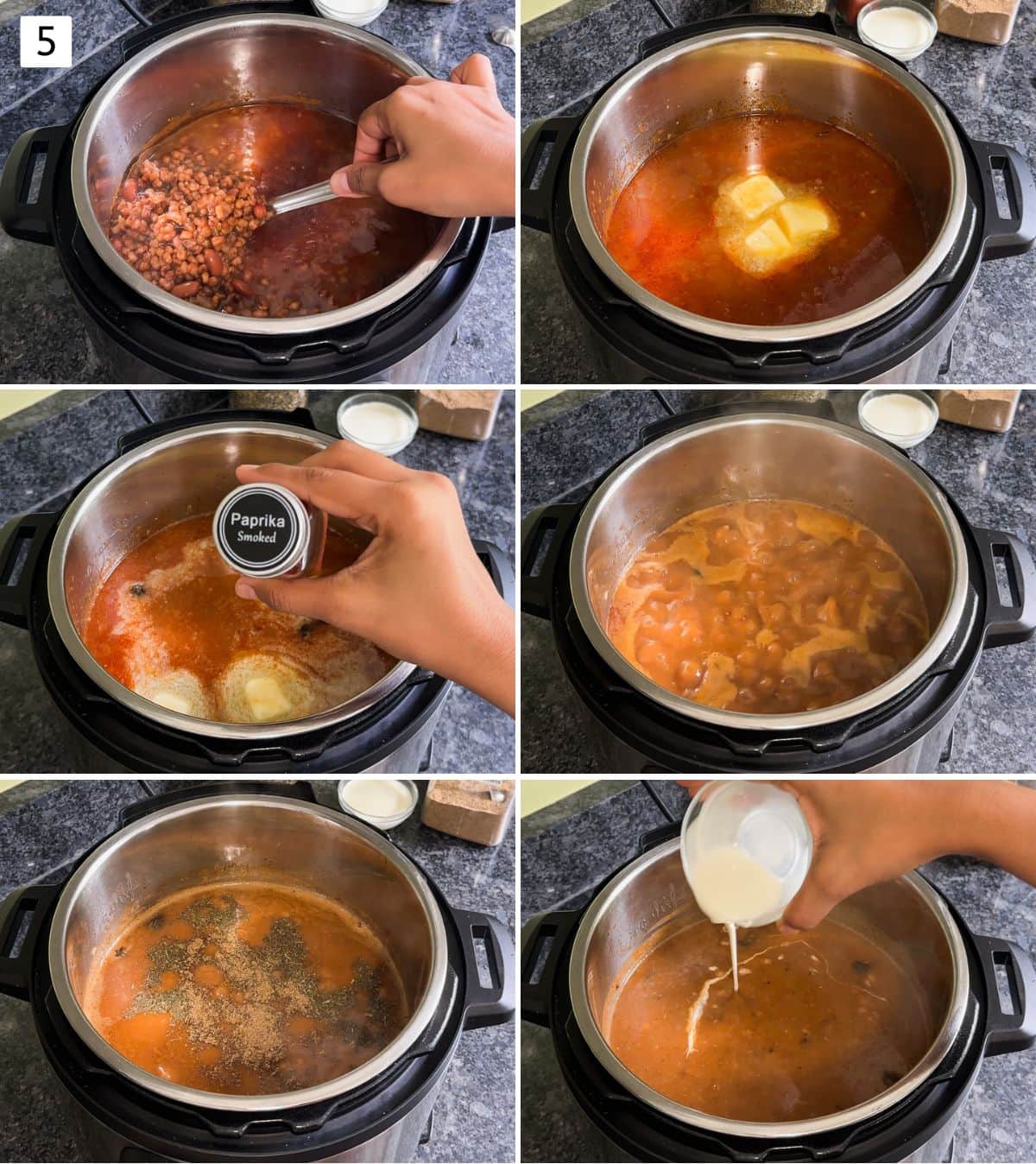 Collage of 6 images showing cooked lentils, adding seasoning, butter and cream.