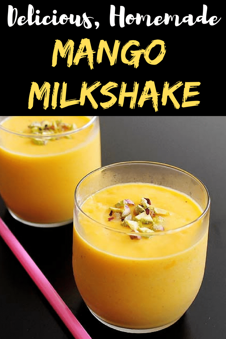 Mango Milkshake recipe - simple, easy, homemade mango shake with mangoes and flavored with cardamom powder. #milkshake #summerdrink #mangorecipe #mangoshake