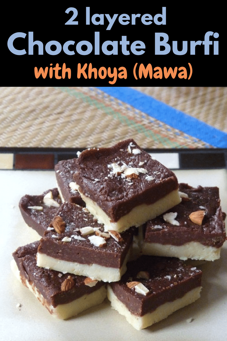 During diwali festival, make this easy indian dessert chocolate burfi recipe. Learn how to make chocolate khoya fudge with the help of this step by step photos. #diwali #indiandesserts #fudge #chocolate