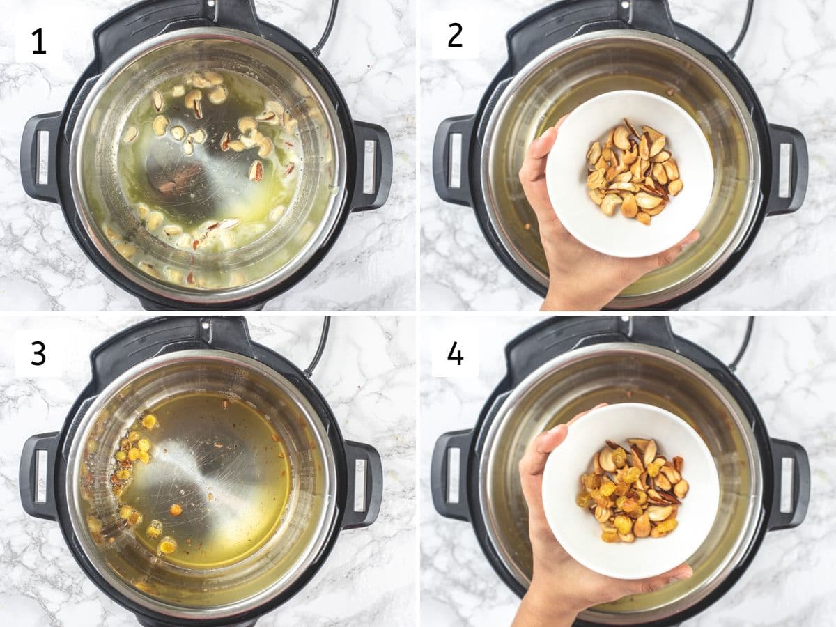 Collage of 4 images showing roasting nuts and raisins and removed to a bowl.