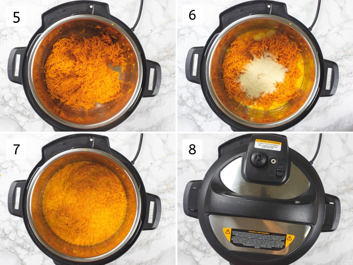 Collage of 4 images showing sauteing carrots, adding milk, sugar and pressure cooking.