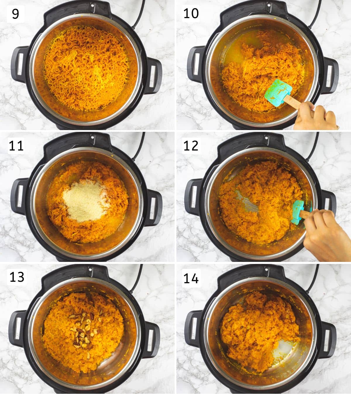 Collage of 6 images showing cooked carrots, adding and cooking almond flour, garnished with nuts.