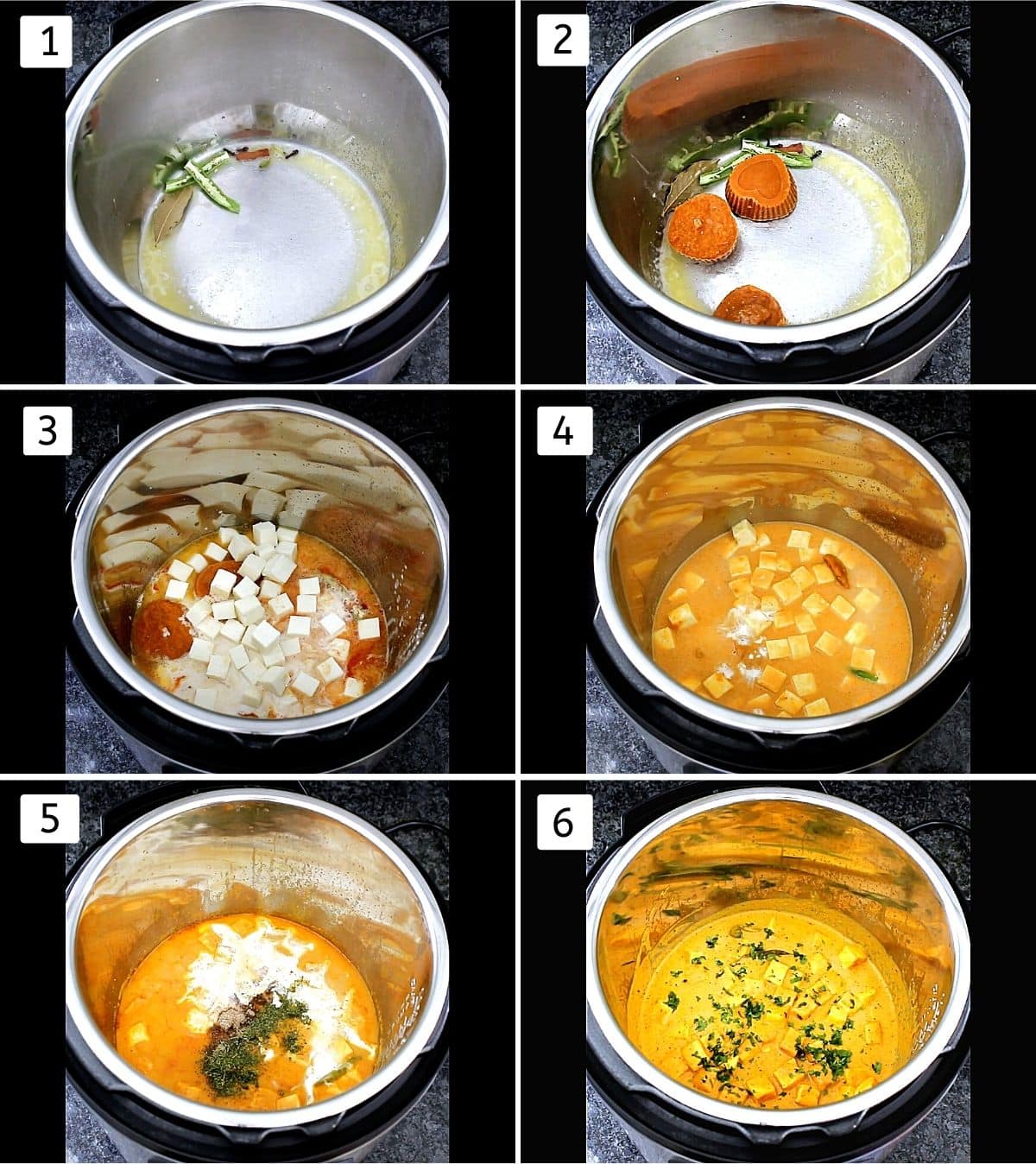 Collage of 6 steps showing adding whole spices in butter, adding frozen masala, adding paneer, mixed, adding cream and spices, garnished with cilantro
