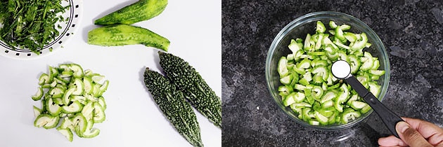 Collage of 2 images showing chopping karela and adding salt.