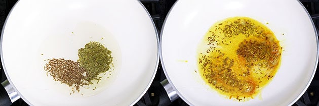 Collage of 2 images showing tempering made with cumin, fennel and turmeric.
