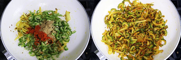 Collage of 2 images showing adding and mixing spices.