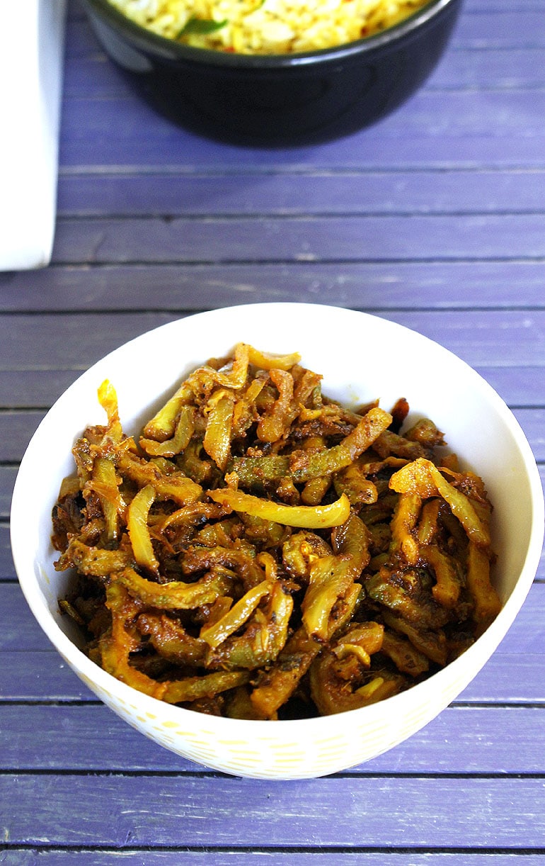 karela sabzi served in a bowl.