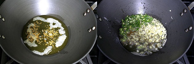 Collage of 2 images showing tempering of spices and sauteing ginger, chili.