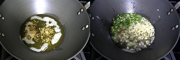 Collage of 2 images showing tempering of spices and sauteing ginger, chili.