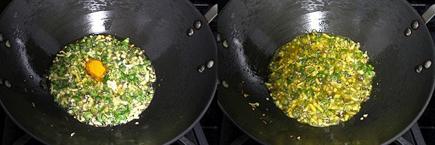 Collage of 2 images showing adding and mixing turmeric and hing.