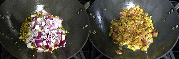 Collage of 2 images showing adding and cooking onion.