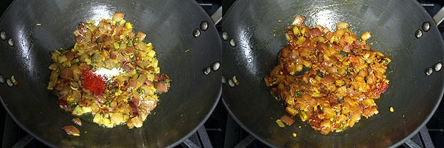 Collage of 2 images showing adding and mixing spices.