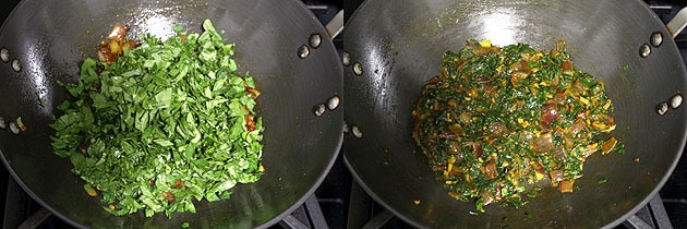 Collage of 2 images showing adding and cooking methi leaves.