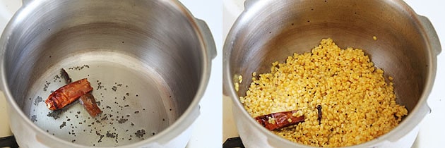 Collage of 2 images showing tempering made with spices and mixing moong dal.