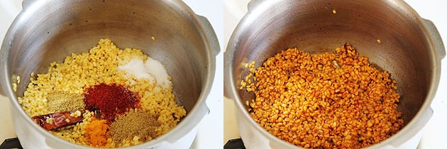 Collage of 2 images showing adding and mixing spice powders.