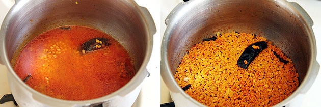 Collage of 2 images showing adding water and cooked dal.