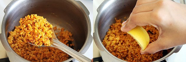 Collage of 2 images showing fluffing cooked dal and squeezing lemon juice.