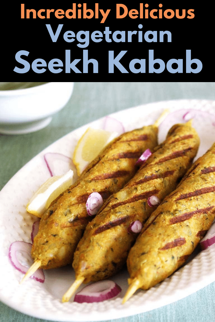 enjoy this veg seekh kabab with mint chutney as a appetizer or snack. This veggie kabab are grilled on the grill pan. You can bake in the oven to. These are made with potatoes, few other veggies and indian spices. This easy to make vegetarian kabab are perfect for parties #vegetarian #kabab #indianfood #appetizer