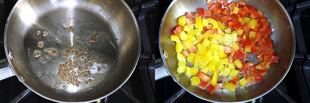 saute cumin seeds and chopped capsicum for capsicum raita recipe