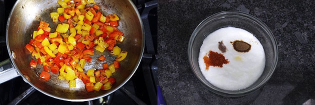a bowl of yogurt with spices ready for capsicum raita