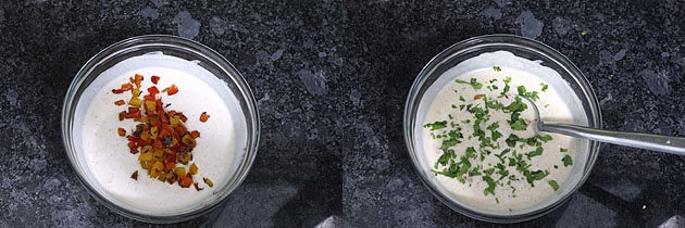 adding cooked capsicum, cilantro, mint leaves to make capsicum raita