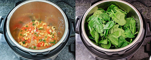 Adding water and spinach in instant pot