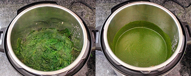 spinach mixture is cooked and pureed using hand blender for palak paneer