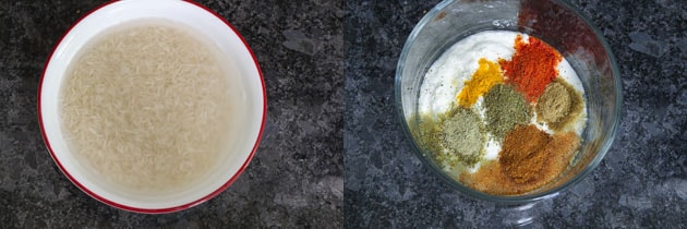 Soaked rice and marinade prep for paneer biryani