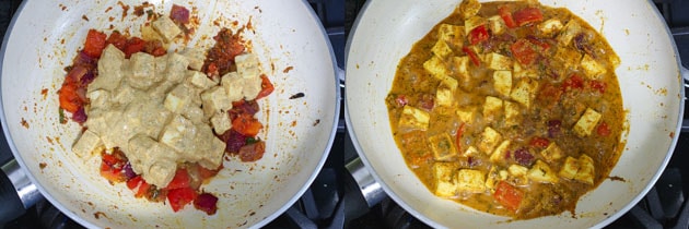 adding and simmering marinated paneer for paneer biryani recipe