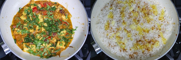 making the layers of gravy and rice for paneer dum biryani