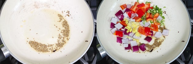 sizzling cumin seeds and cooking onion, bell pepper for paneer biryani gravy