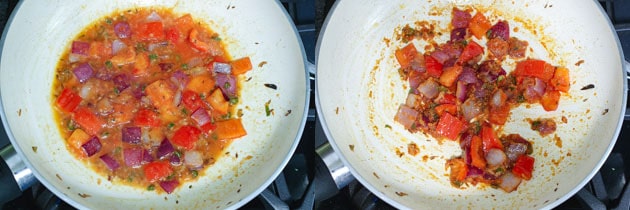 adding and cooking tomato puree for paneer gravy